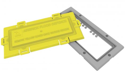 Polypropylene air brick flood defence with yellow push fit cover and grey frame