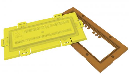 Polypropylene air brick flood defence with yellow push fit cover and terracotta frame