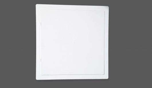 Closed 450mm, white plastic access panel installed in a wall for easy access to hidden services