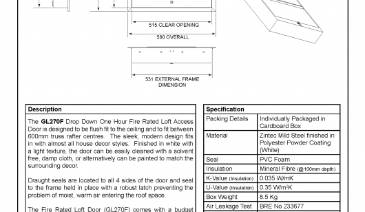 GL270F Fire Rated Loft Access Door Datasheet