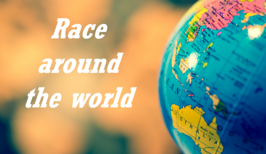 World globe with wording to the left saying 'Race around the world'