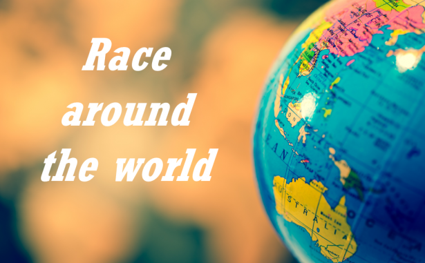 World globe with wording to the left saying 'Race around the world'