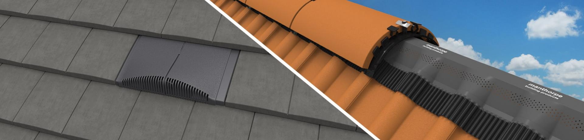 Dual image showing a grey interlocking plain tile vent on the left and a terracotta roll-out dry ridge system on the right